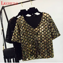 Новая Сексуальная Тонкая Клетчатая футболка с коротким рукавом, v-образным вырезом и блестками, женские футболки больших размеров, повседневные топы серебристого, золотого, черного, зеленого цвета A239