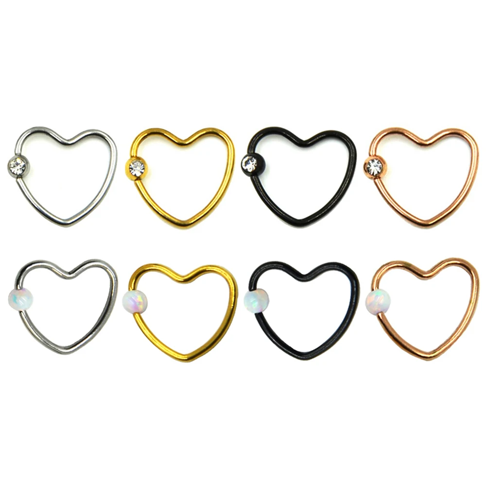 

Stainless Steel CZ Crystal Gem & Opal Stone Captive Bead Ring Daith Piercing Heart Earring Cartilage Helix Tragus Nose Hoop Stud