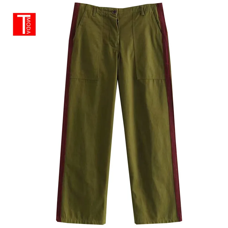 

2019 Spring Women Army Green Cargo Pants Side Striped With Pockets Vintage Loose Full Length Casual Chic Trousers Jogging Pant
