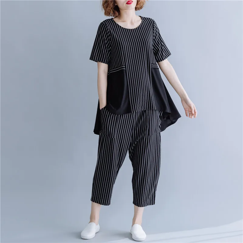

Johnature 2019 Summer Fashion Casual Striped Two Pieces Sets New Patchwork Chiffon Pullover Top Elastic Waist Pant Women Set