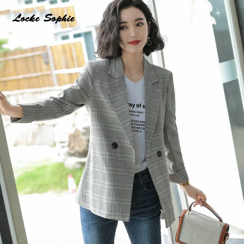 1pcs Women's Plus size Slim fit Blazers coats 2019 Autumn cotton blend plaid Small Suits jackets ladies Skinny Blazers Suits