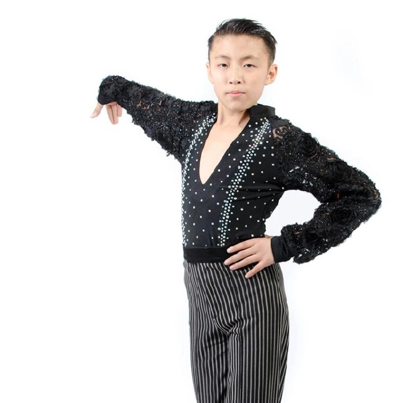 New styles boys latin dance costumes flowers long sleeves latin dance shirt for boys latin dance shirts S-4XL