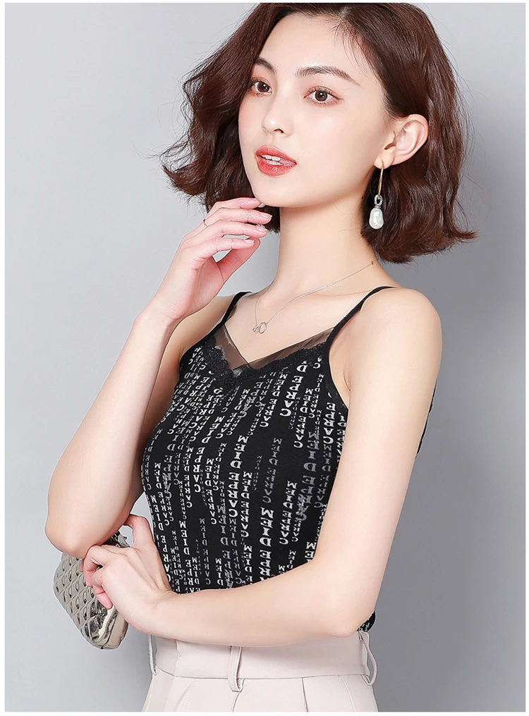 summer tops for women Black Letter Arrow Loose camis Lace Sexy Top Fashion Sling Tops fashion sexy tank top streetwear