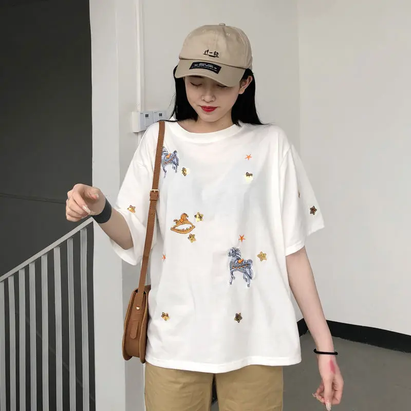 

Korean Women T-Shirt Female Summer Loose T Shirt Tee Top Casual White Embroidery Short Sleeve O-Neck tshirt Camisetas Mujer