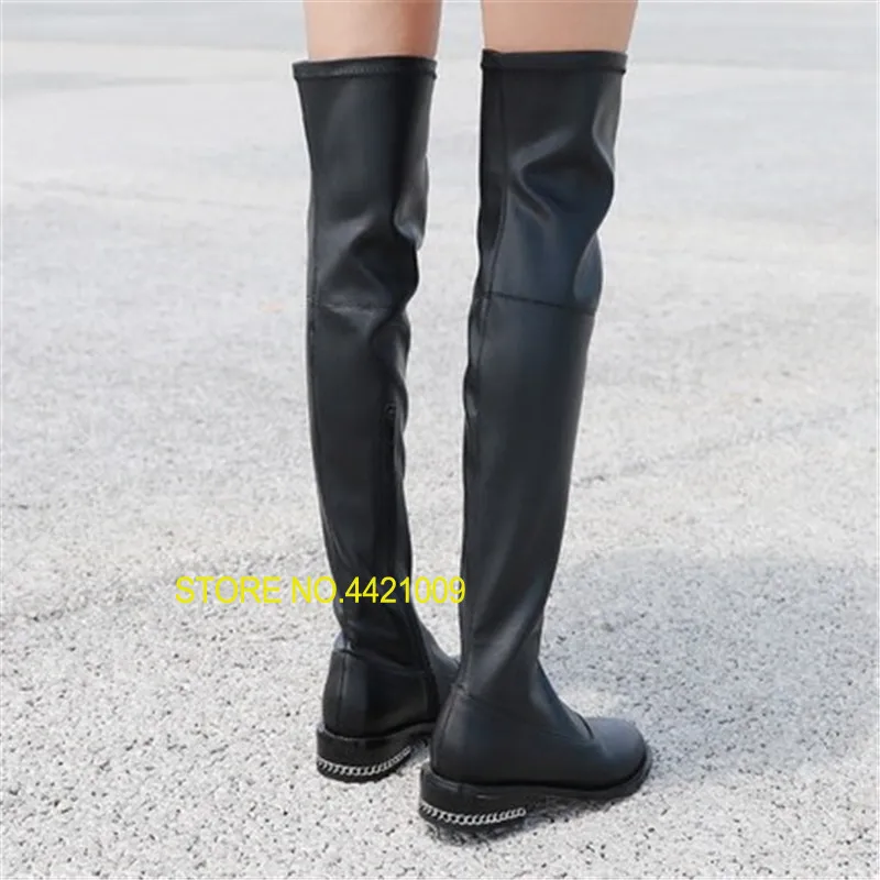 

Black Sexy Autumn Over The Knee Boots Woman Round Toe Silver Chain Flat Long Boots Women Fashion Thigh Boots Martin Botas Mujers