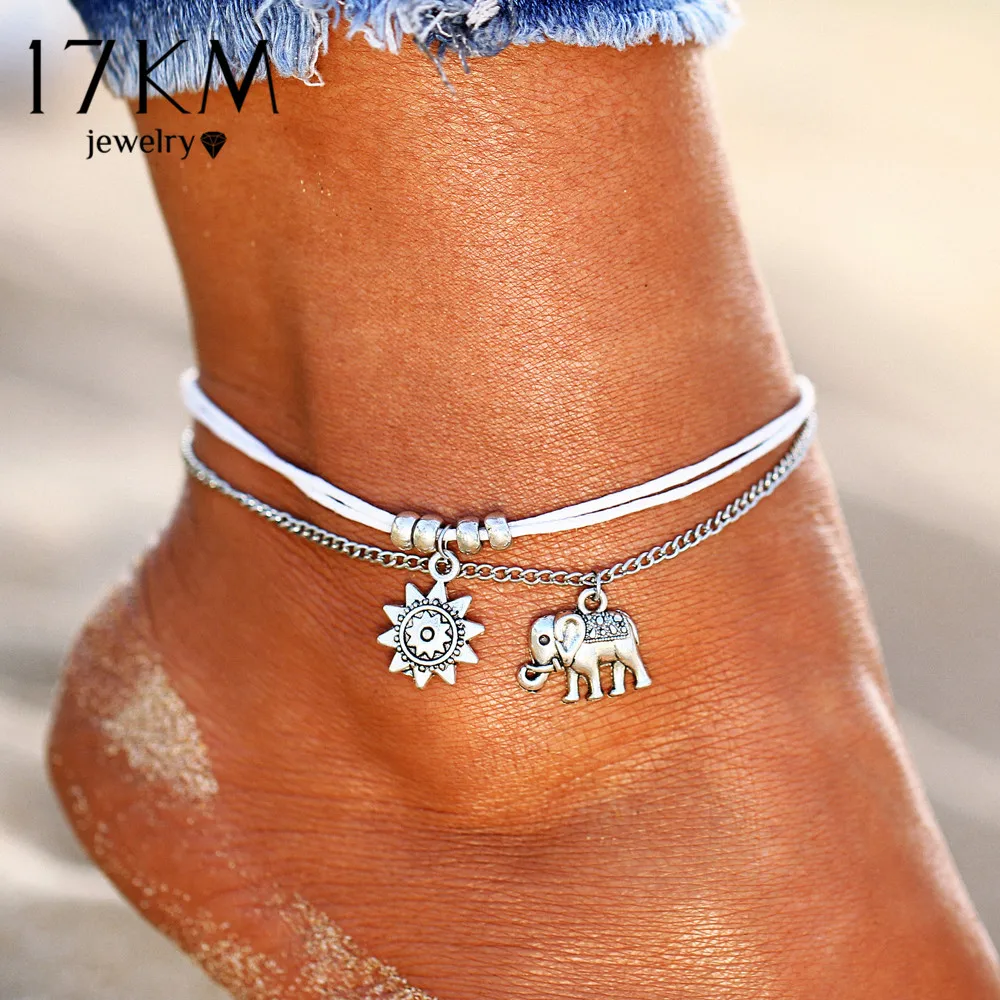 

17KM Vintage Star Elephant Anklets Bracelet For Women Boho Pendent Double Layer Anklet Bohemian Foot Jewelry Gift Drop shipping