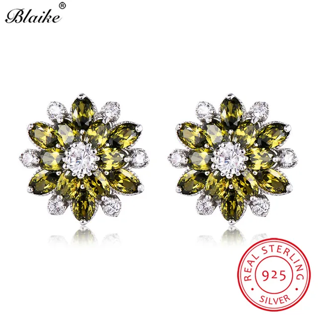 Blaike 100 Real S925 Sterling Silver Peridot Birthstone Snowflake Blaike 100 Real S925 Sterling Silver Peridot Birthstone Snowflake Stud Earrings For Women Olive Green