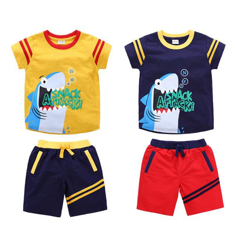 BINIDUCKLING/Модный летний комплект одежды для маленьких мальчиков; короткий рукав для новорожденных с изображением акулы и животных; детская одежда;