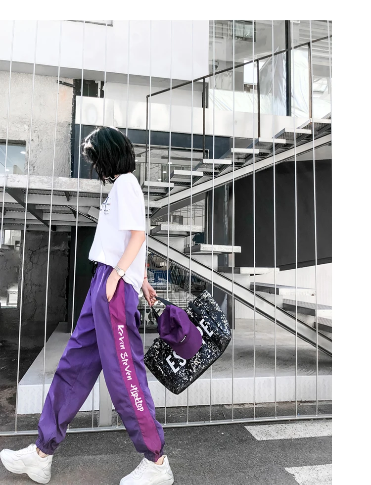 CheerSolo Hip Hop Loose Pants Women Harajuku Purple Sweatpants Side Striped Letter Print Black Trousers Street Style sweatpants