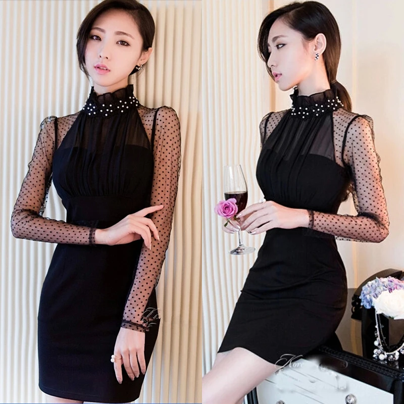 

Autumn 2018 Sexy Temperament OL Formal Work Long Sleeve Mini Dress Women Vogue Mesh Nail Beads Backless Slim Render Hip Dress