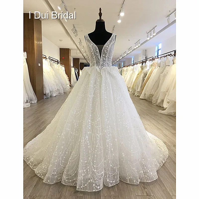 

Shinny Bling Wedding Dress Bridal Gown V Neck Ball Gown Illusion Button Back