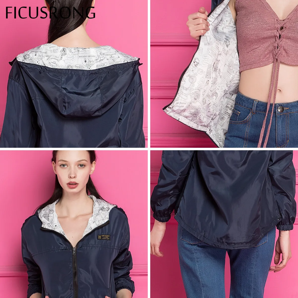 FICUSRONG 2018 New Autumn Women Bomber Basic Jacket Pocket Zipper Hooded Two Side Wear Cartoon Print Outwear Navy Loose Coat