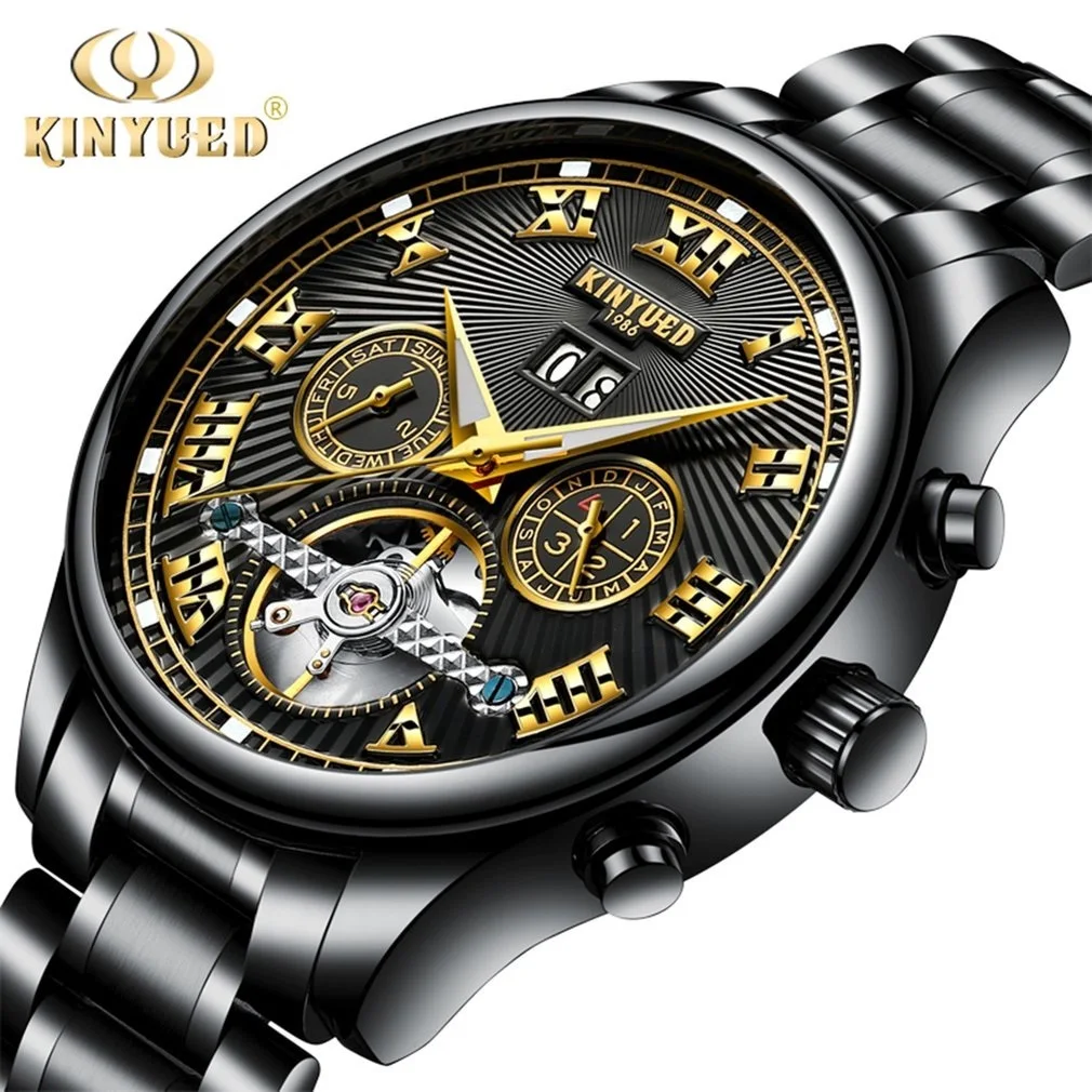 

KINYUED Skeleton Automatic Flying Tourbillon Leather/Steel Strap Mechanical Watch Self Winding Horloges with Watch Box