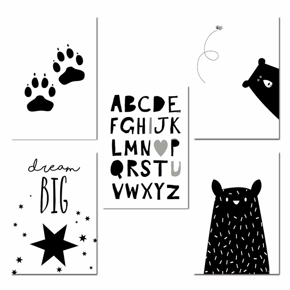 Black-White-Bear-Paw-Wall-Art-Canvas-Funny-Poster-Alphabet-Nursery-Quote-Print-Nordic-Painting-Picture(10)