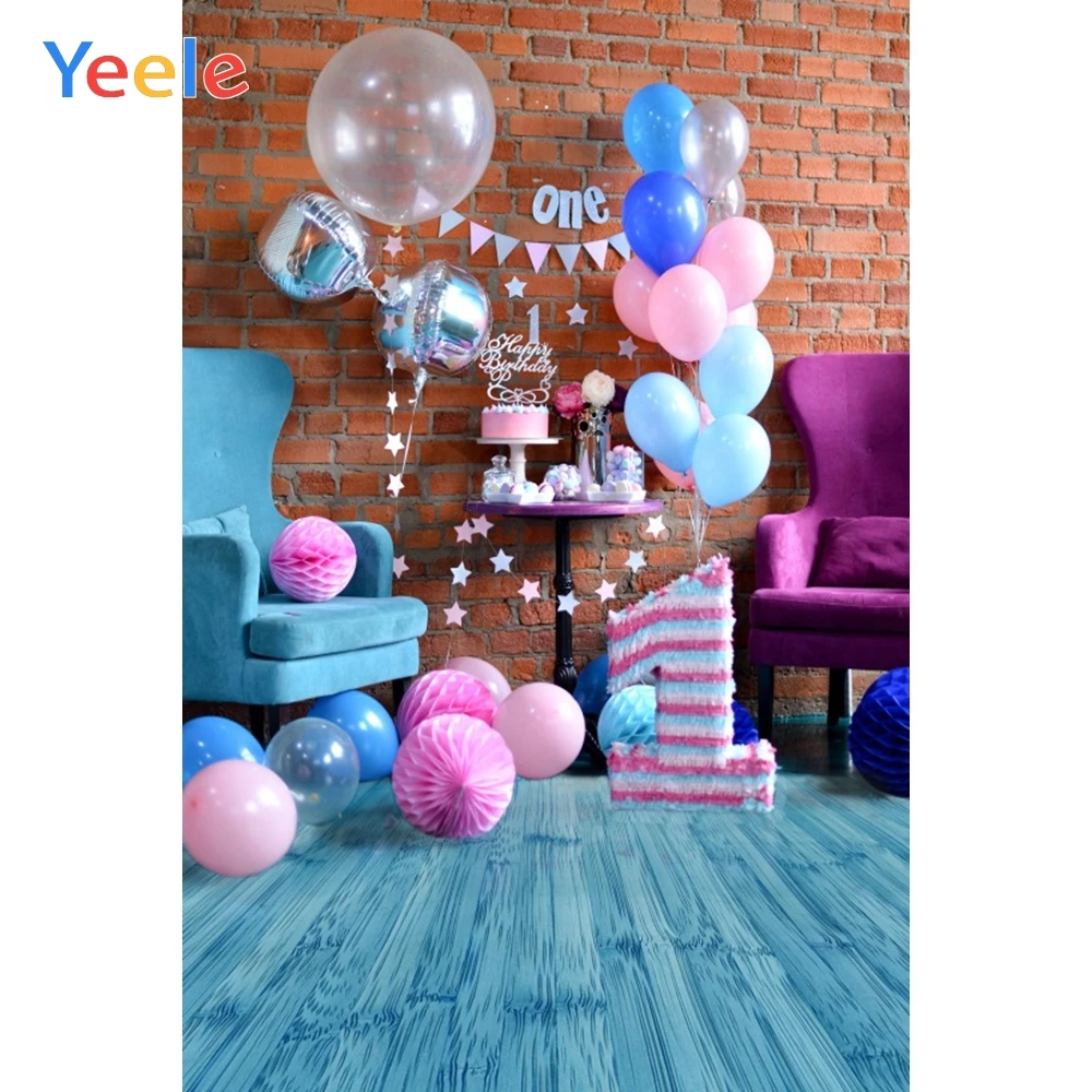 

Yeele Baby 1st Birthday Balloons Gift Cake Brick Wall Photography Background Children Party Photographic Backdrop Photo Studio