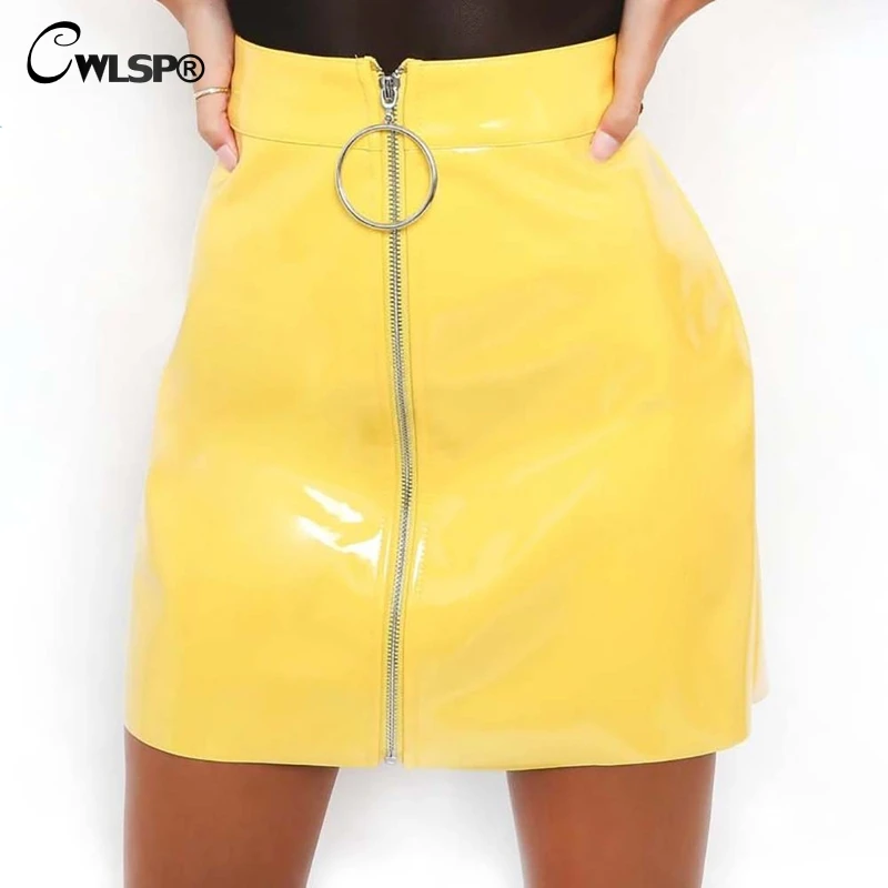 CWLSP  Front Ring Zipper PU Leather Skirts High Waist Women 5 Color Pencil Skirt Silver Slim Mini Shorts Candy Colors  QZ2409