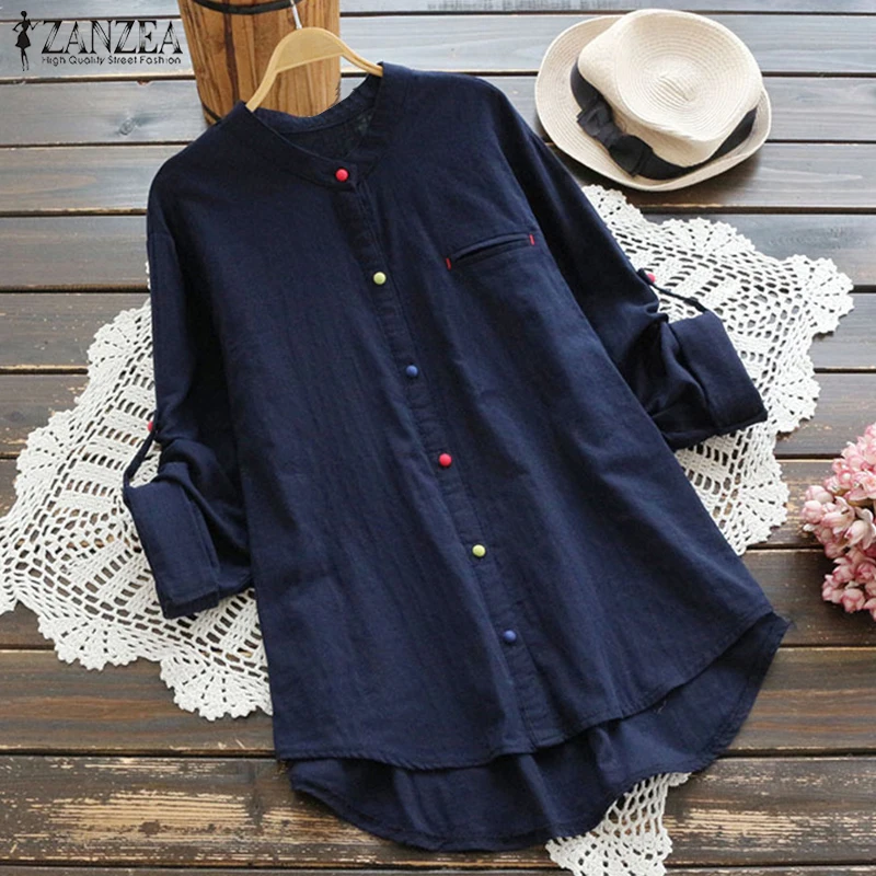 

2019 ZANZEA Fashionable Women Cotton Mandarin Collar Blouse Autumn Long Sleeve White Shirt Casual Blusas Loose Office Tops 5XL
