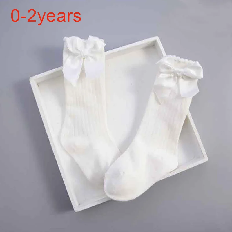 Детские милые носки для девочек Гольфы высокие носки принцессы с бантом носки для малышей длинные носки без пятки с вертикальными полосками, sokken meias От 0 до 4 лет - Цвет: white 0to2years M