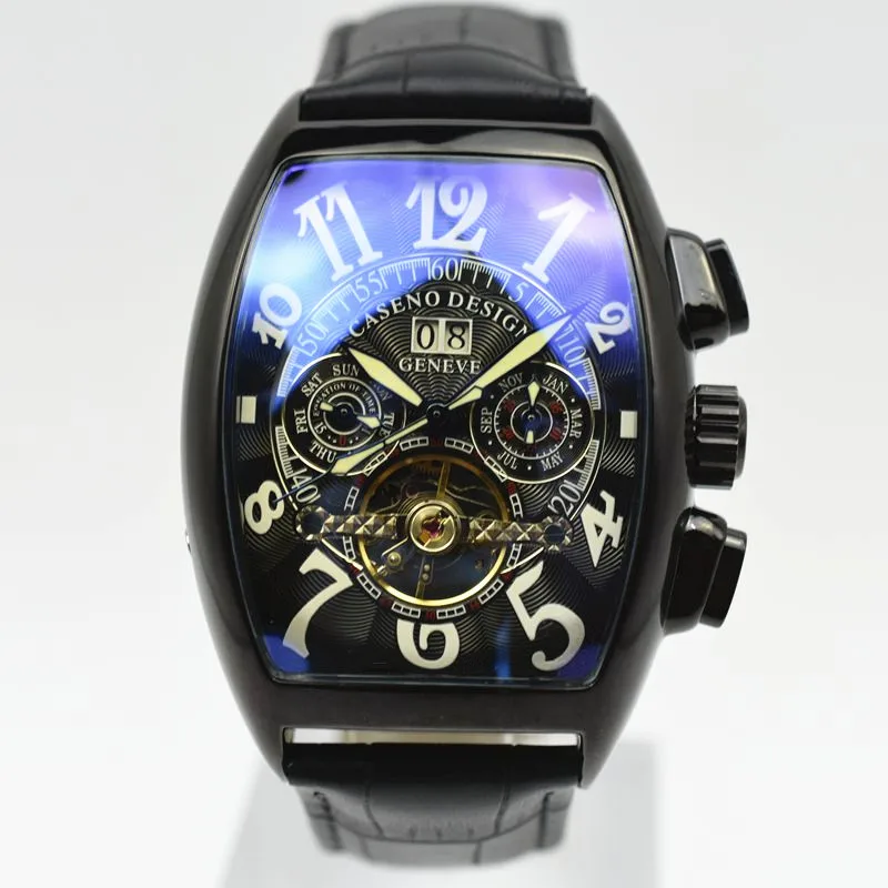 CASENO автоматические механические мужские часы, модные кожаные Наручные часы со скелетом, мужские роскошные часы от топ бренда Tourbillon, Классические мужские часы