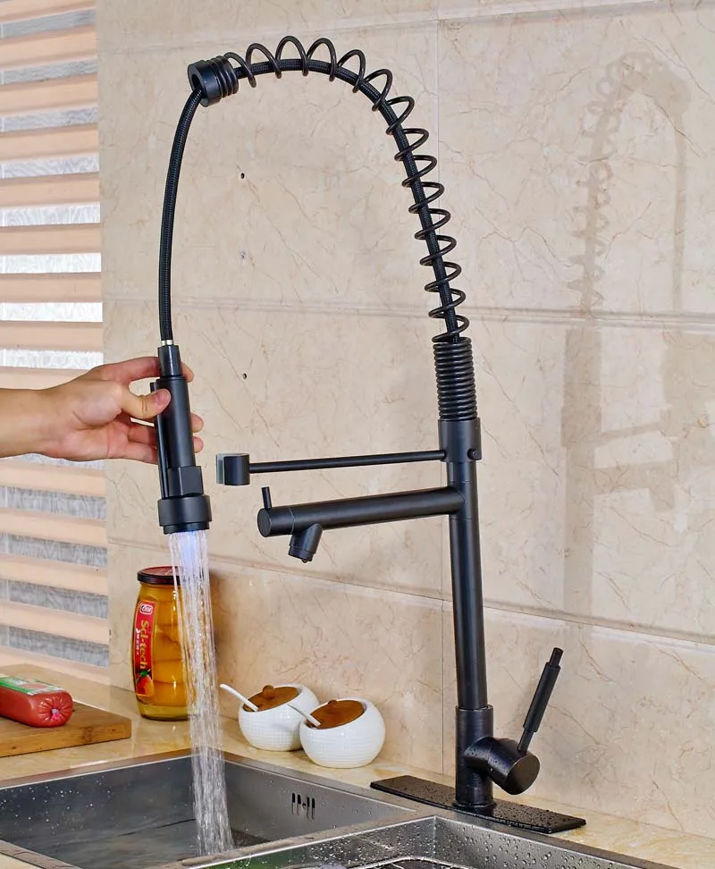 

Oil Rubbed Bronze LED Spout Kitchen Sink Faucet Pull Down Free Rotate Mixer Tap With Cover Plate