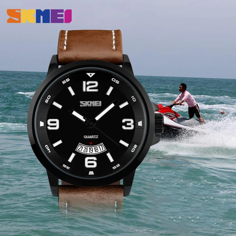 SKMEI 2019 Top Reloj Men Quartz Watch Large Dial Military Leather Band Sport Watches Wristwatches C
