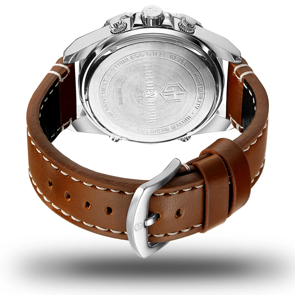 GOLDENHOUR Sport Uhren Männer Quarz Analog LED Leder Militärische Wasserdichte Uhr geschenk_voghion.com