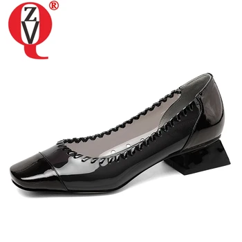 

ZVQ shoes women 2019 spring new fashion patent leather square toe slip-on women pumps outside med square heel plus size shoes