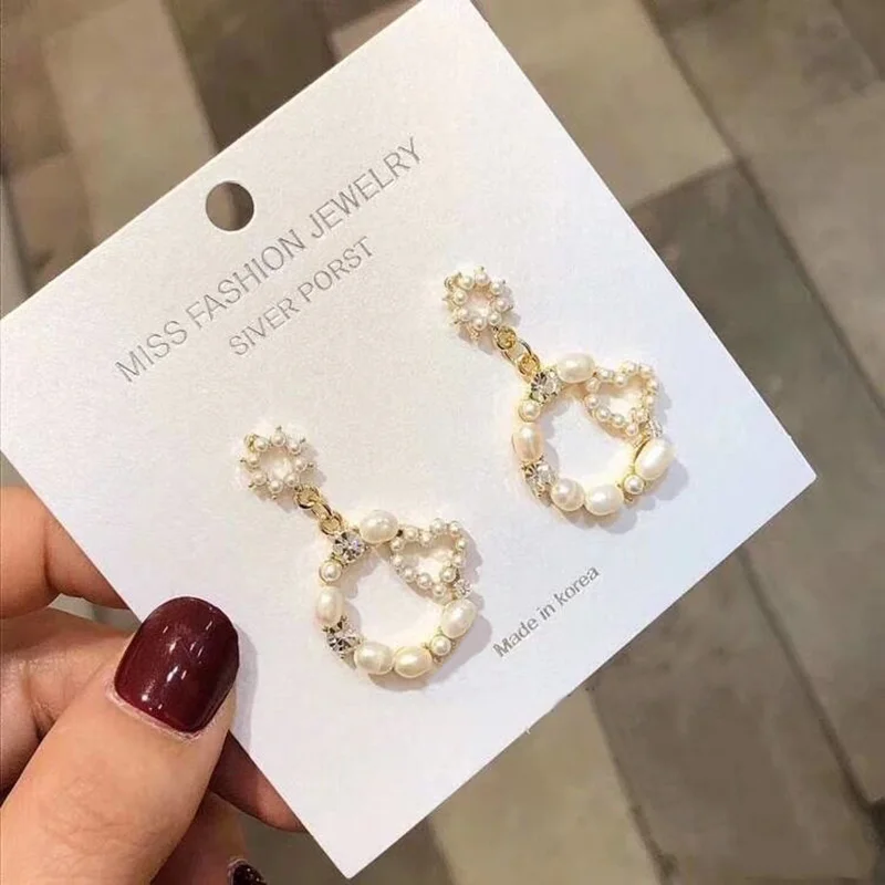 

2019 New Arrival Gold Color Drop Earrings For Women Simulated Pearl Dangle Earrings Korean Style Heart Crystal Ear Jewelry
