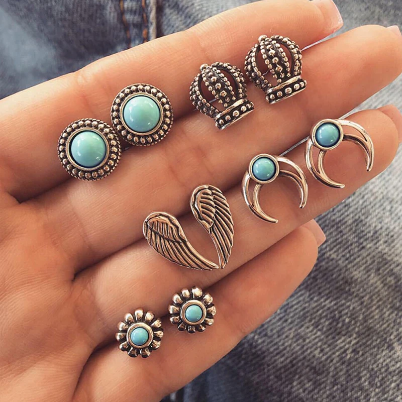 5 пар/уп. Женские Ретро Корона Крылья цветок полые круглые личности серебряные серьги набор вечерние свадебные подарки украшения Аксессуары