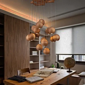 

Nordic style personality long small ball wood chandelier bar cafe restaurant shop special offer