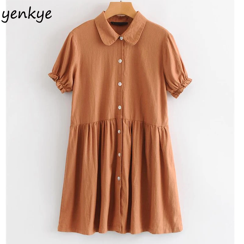 

2019 Women Front Button Solid Collar Summer Dress Lady Female Peter Pan Collar Short Sleeve Mini Casual Dress Tunic SYJZ022