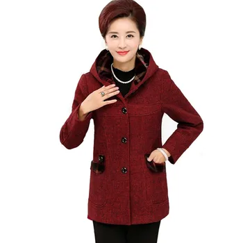 

Middle-aged Women's Autumn Winter Woolen Jacket Coat Loose Long-sleeve Warm Hooded Overcoat Large size Casual Female Coats 5XL