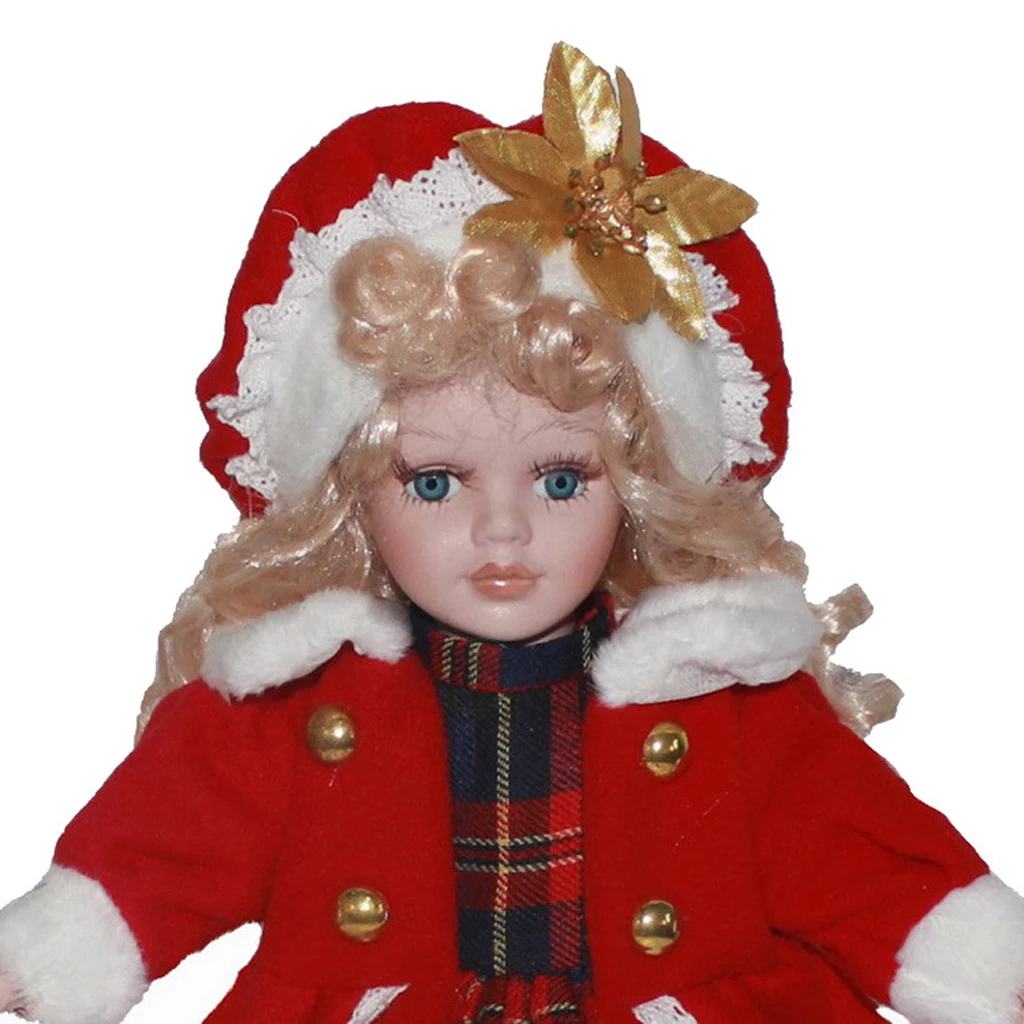 30cm Vintage Ceramic Girl Doll People Figure with Red Dress Coat Hat Suit Collectible #2