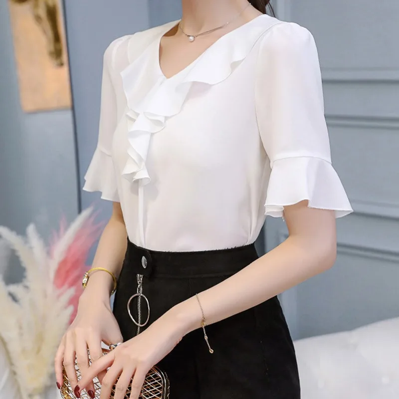 

Women V-Neck Half Sleeve Ruffles Chiffon Blouse Office Lady Solid Color Casual Shirt 2019 Summer Fashion Female Tops Blusas