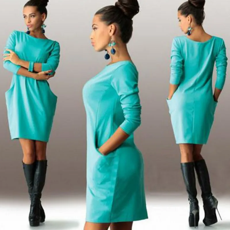 Женское платье темпераментного размера плюс с длинным рукавом, одноцветное тонкое платье с круглым вырезом, свободные платья с карманами на бедрах, одежда для вечеринок