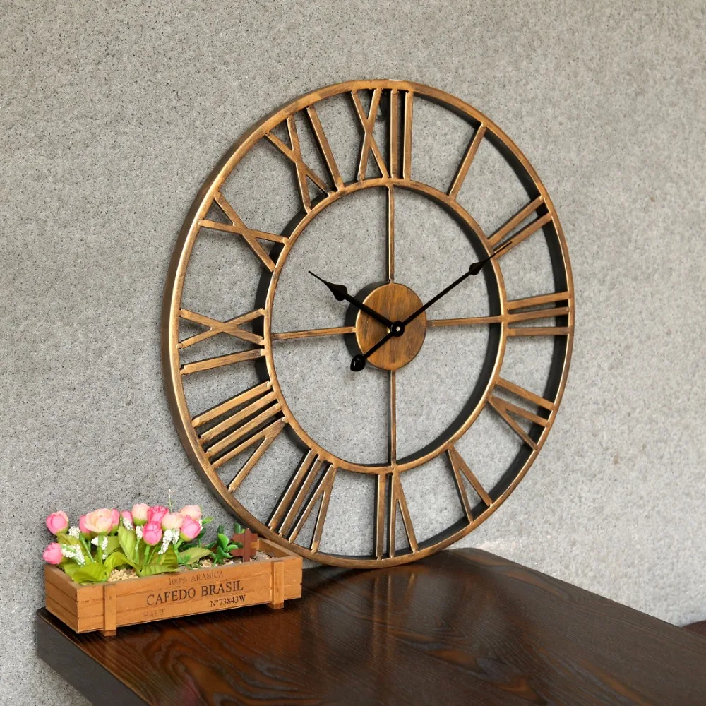 Retro Creative Hollowed-Out Wall Hanger Clock Iron Vintage Bed Living Room Roman Numberial Hanging Clock Household Wall Decor