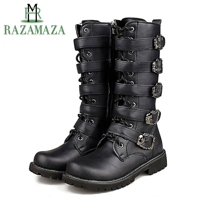 

RAZAMAZA Motorcycle Boots Men Motocross Boots Motorcycle Shoes Pu Leather Rock Mid-Calf Buckle Motorbike Boots Punk Martin Boots