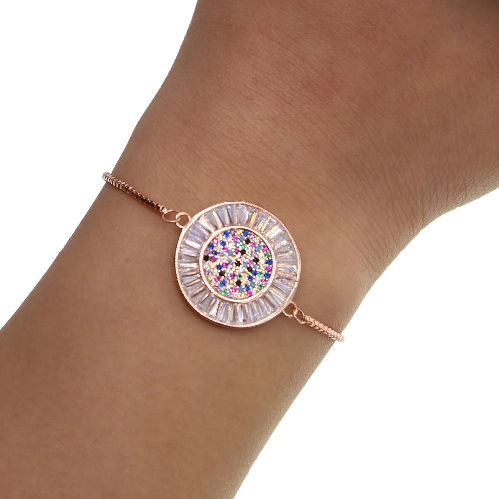 Chaîne réglable en or rose pour femme, pavé multicolore, pierre CZ étendue, forme ronde, mode fille élégante, joli bracelet