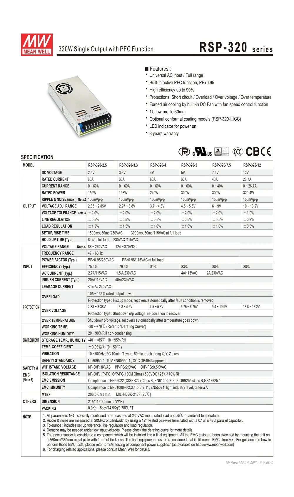 Значит rsp-320-48 320 Вт 6.7a 48 В Meanwell Питание с функцией PFC