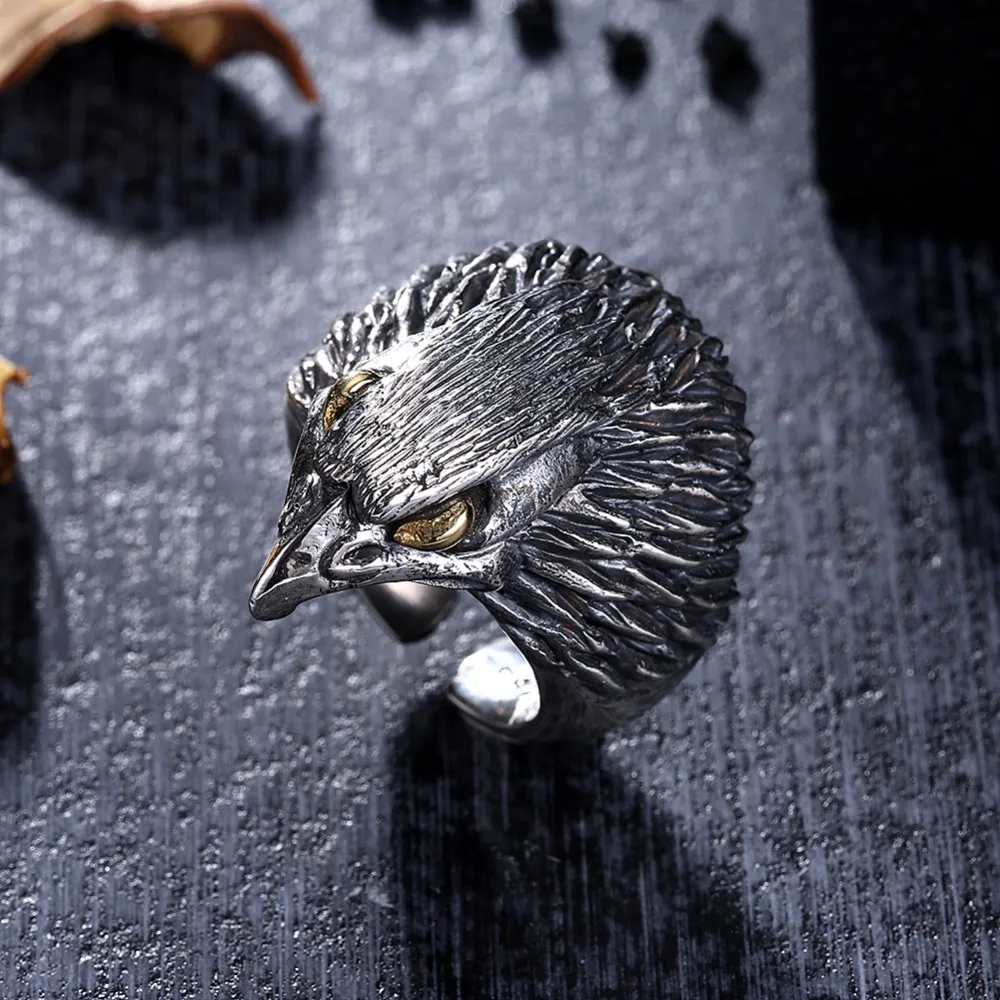 

GOMAYA 925 Pure Silver Exquisite Owl Thai Silver Rings Carved Animal Personality Men Ring Jewelry Vintage Mens Rings