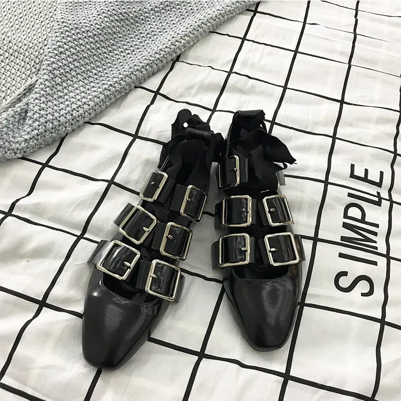 

2018 Spring Summer Shoes Woman Leather Cross Tied Metal Buckle Punk Casual Flats Woman Designer Chic Shoes Mujer Cozy Shoes T