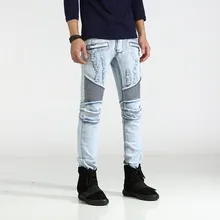 2017ss New Men’s Jeans Spring and Autumn Locomotive Trend Light Blue Brushed Hole High Street Stretch Jeans
