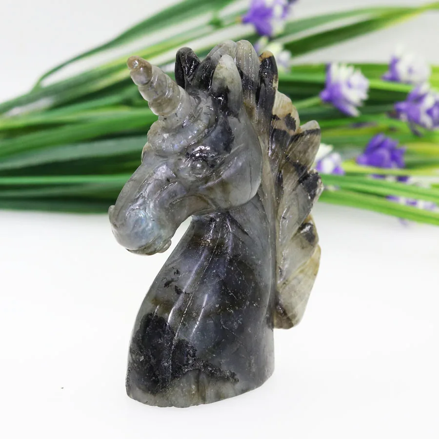 

3.74"ANEMOUSITE Handmade Carved Crystal Unicorn Skull Crystal Realistic Healing Furnishing Articles Figurine MT78