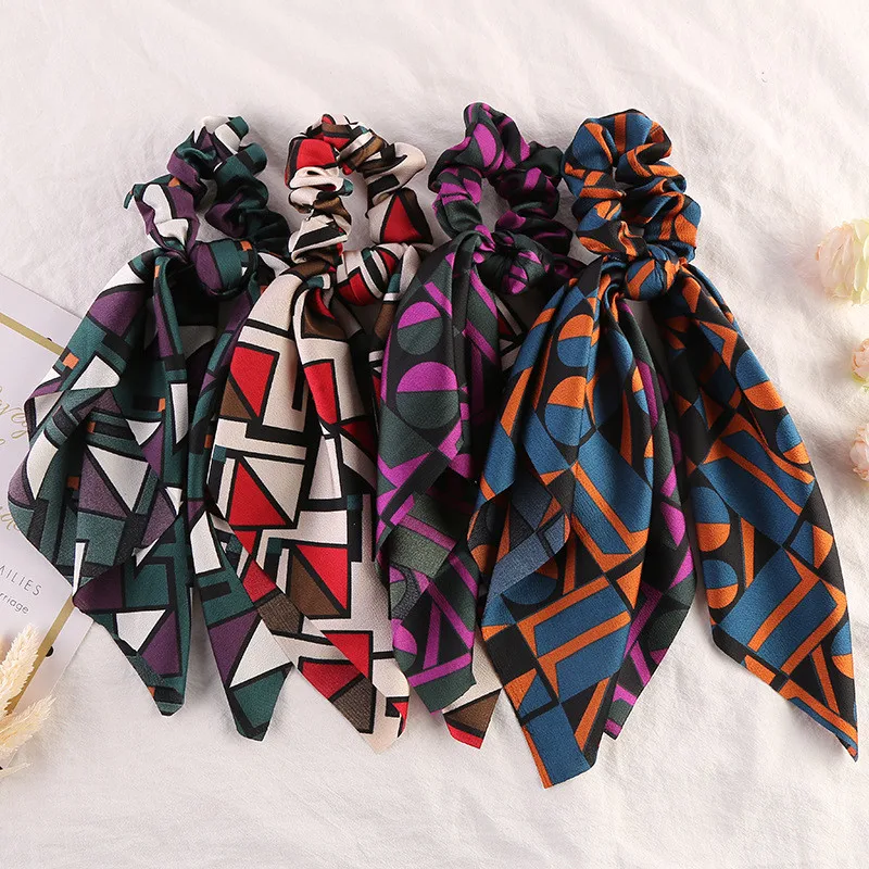 

New arrival Fashion women geometric print Hair bands DIY knot bow hair scrunchies girl's hair Tie Accessories Ponytail Holder
