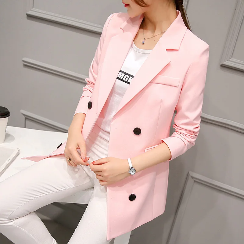 2018 Women's Blazer Solid Pink Long Blazers Triple Breasted Coat Slim