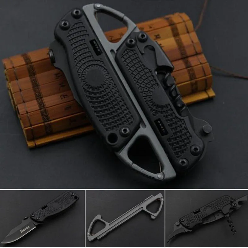 

Multifunction Folding Knives + Open Wine + Opener + Serrated + Carabiner Outdoor Portable EDC Combination Knife Tool