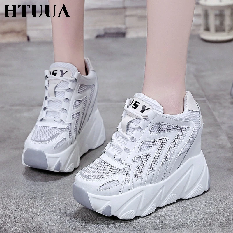 

HTUUA 2019 New Breathable Mesh Hidden Heels White Sneakers Women Casual Shoes Height Increasing Wedge Platform Sneakers SX2529