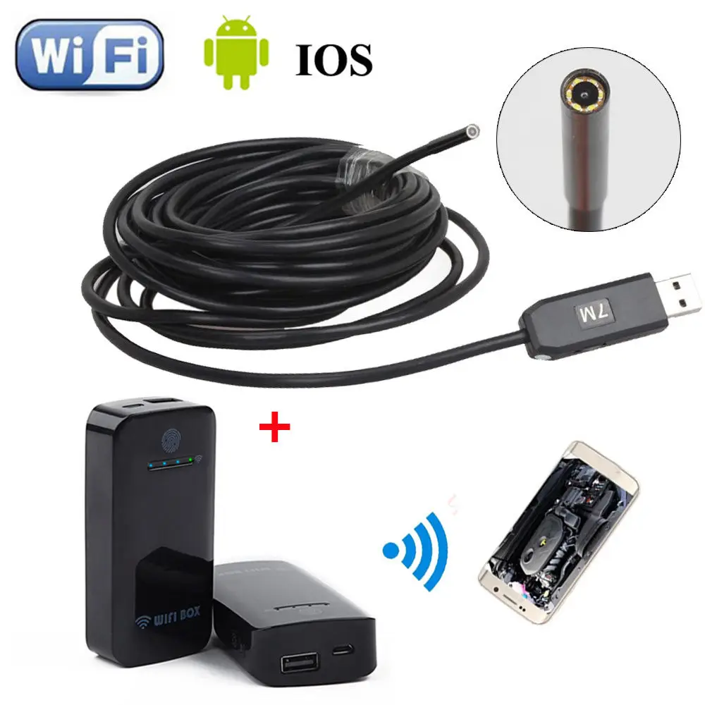 

6LED 7M Dia 5.5MM Endoscope Waterproof Inspection Camera USB+WIFI BOX For IOS And Android Free shipping