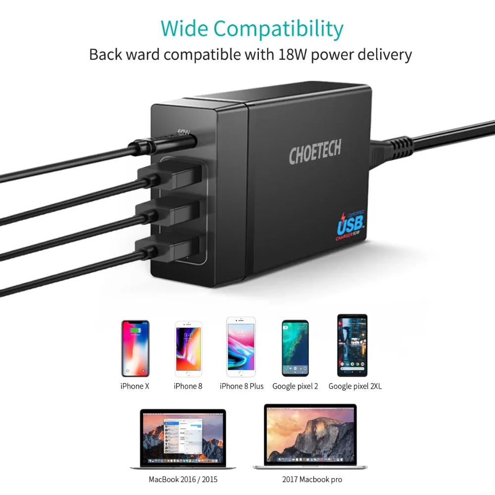  CHOETECH Usb Multi cargador USB C 72W 4 Puerto USB tipo C de la policía de la estación de cargador 