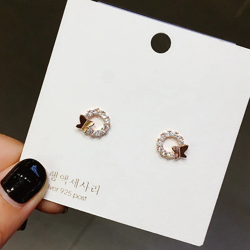 

Delicate Glossy Butterfly Round Stud Earrings Rose Gold Color Cubic Zircon Crystal Earrings for Women Girls